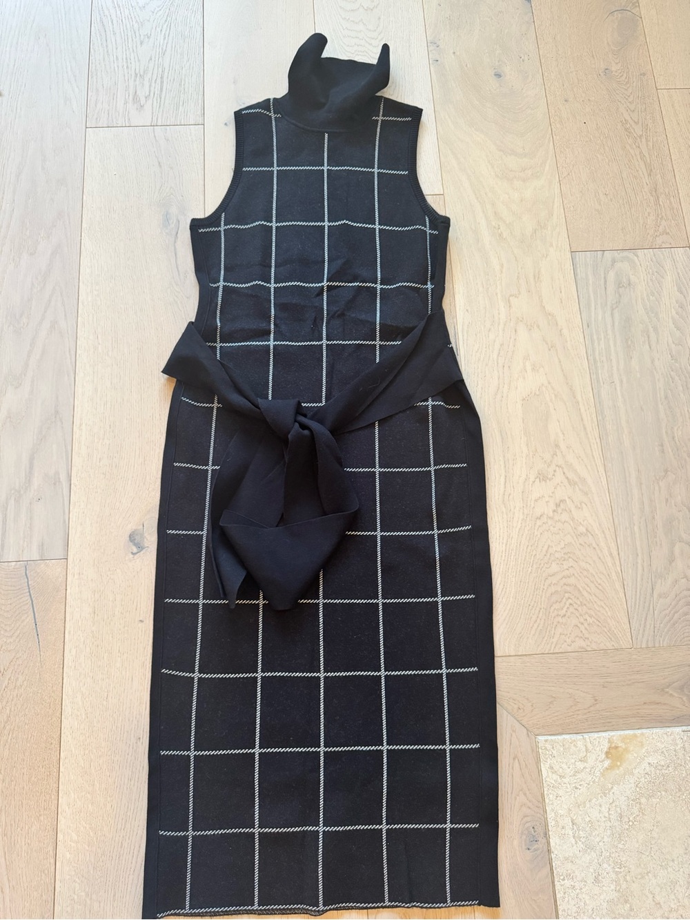 Toccin Sleeveless Black Windowpane Knit Dress with Tie Waist